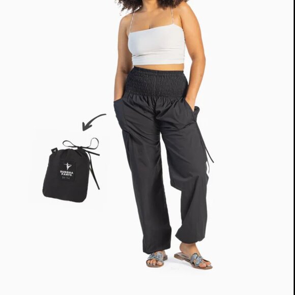 Bali Pant Smocked Waist Accent Tapered Leg Outdoor Travel Pockets Pants Black - Picture 3 of 11